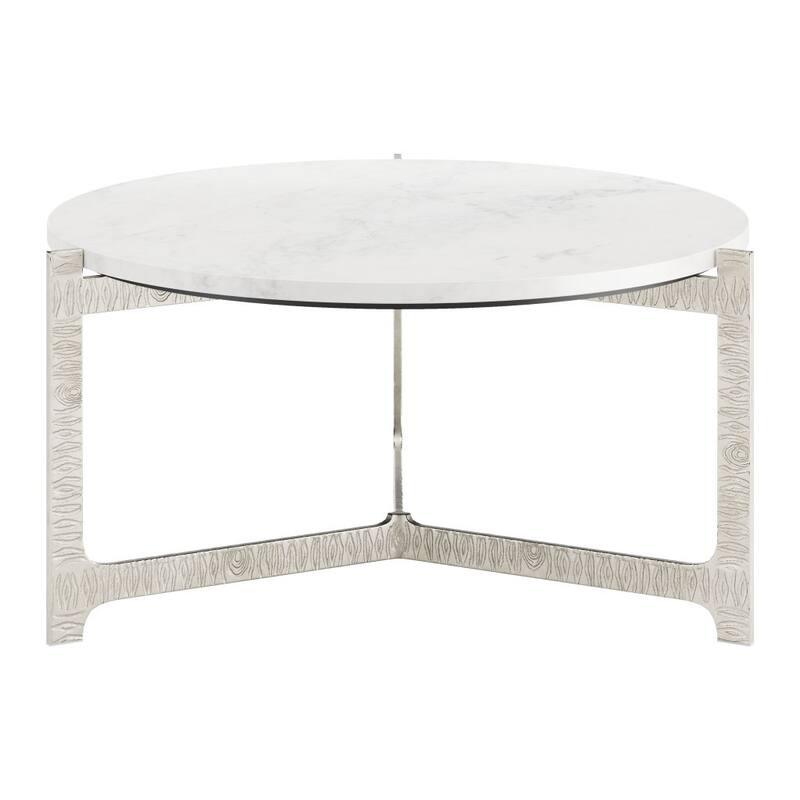 HomeRoots 30" White and Silver Genuine Marble and Aluminum Round Cross Legs Coffee Table - 30.00 in. x 15.70 in. x 30.00 in.