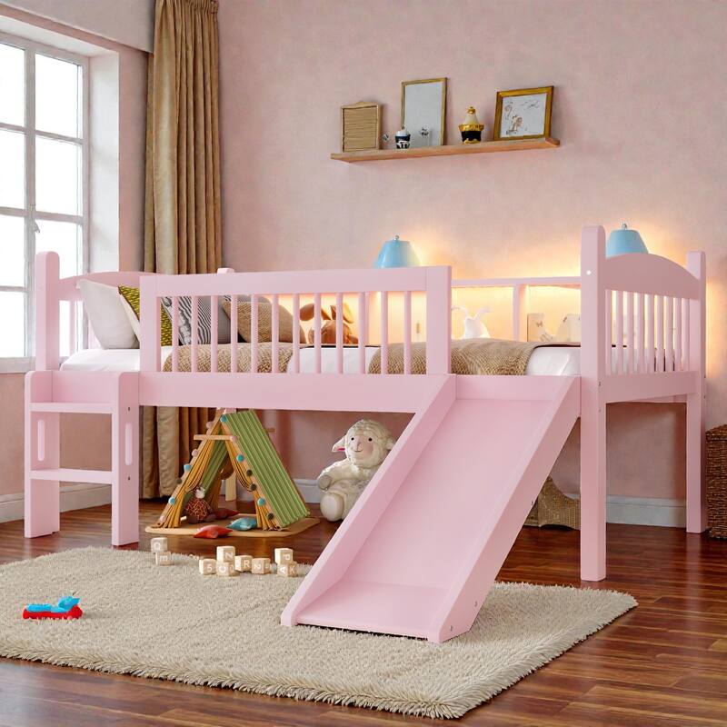 Twin XL/Twin Wood Loft Bed with Storage Shelves, LED Lights, Full-Length Guardrails & Solid Wood Frame, No Box Spring Needed