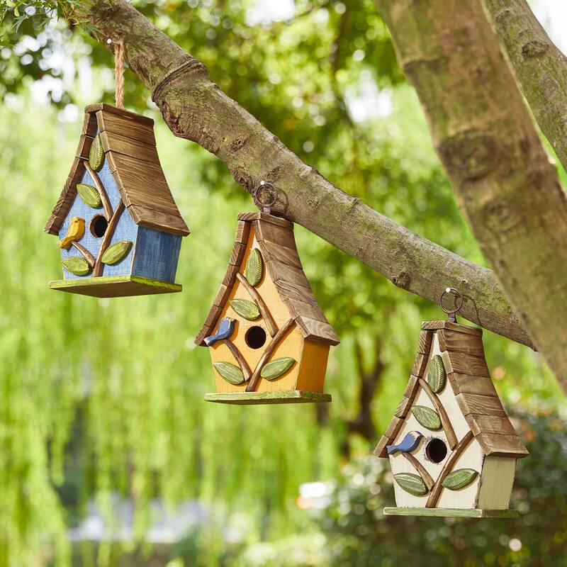 Glitzhome 12.5"H Distressed Solid Wood Birdhouse with 3D Leaves