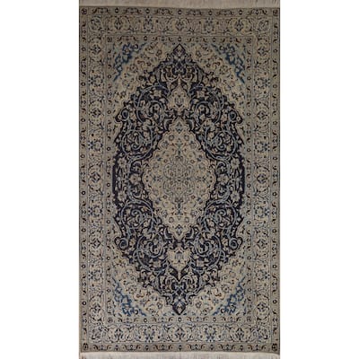 Vintage Navy Blue Floral Nain Persian Area Rug Handmade Wool Carpet - 5'6" x 8'5"