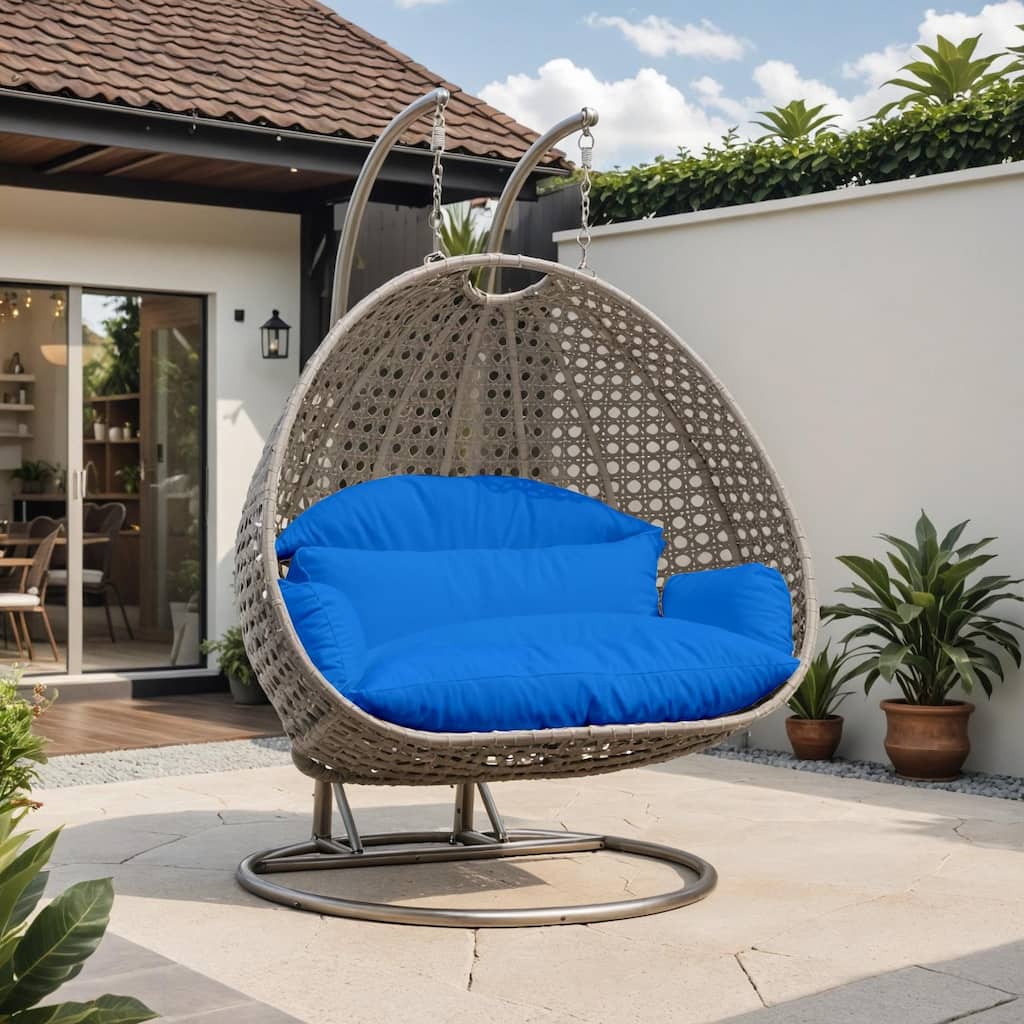 LeisureMod Modern 2-Person Egg Hanging Swing Chair with Beige Wicker, Oxford Fabric Cover, Patio Hammock Lounger and Cushions