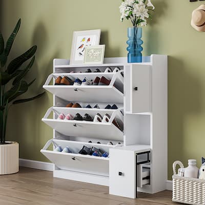 Thin Shoe Cabinet for Hallway with 3 Flip Storage Drawers, Entryway Freestanding Shoe Organizer Rack with Pull-Down Seat