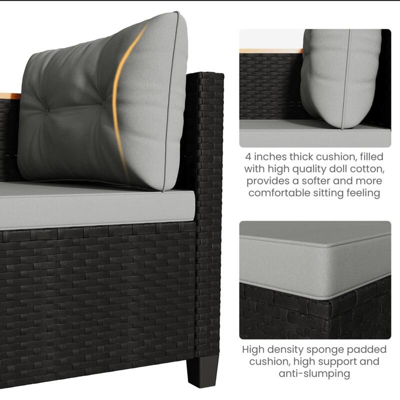 3-Piece L-Shaped Wicker Set with Gray Cushions and Acacia Wood Storage Table