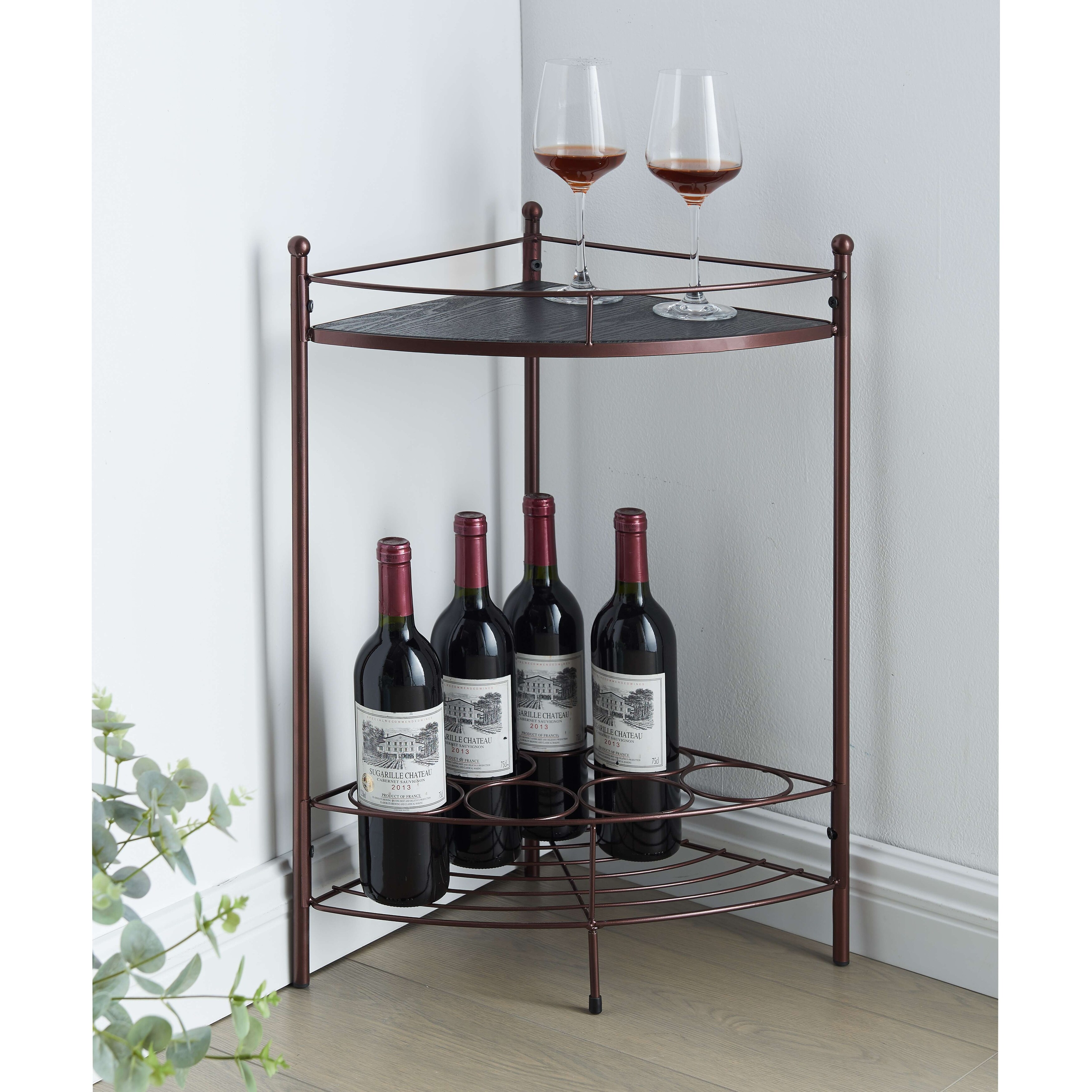 Bronze Triangular Wine Rack for 7 Bottles with Wood Shelf