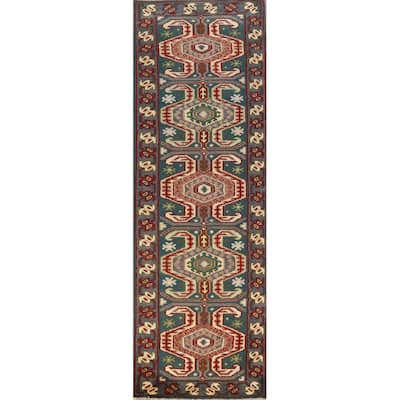 Teal Blue Geometric Kazak Indian Runner Rug Handmade Wool Carpet - 2'6" x 9'8"