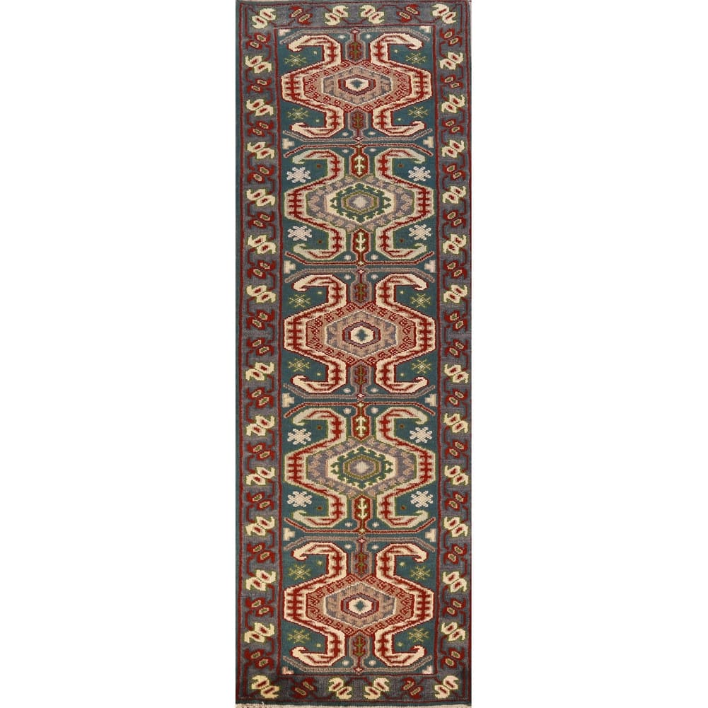 Hand Knotted Oriental 100% Wool Carpet Traditional Geometric Navy Blue & Blues Kazak Runner Rug - 9' 8'' X 2' 6''