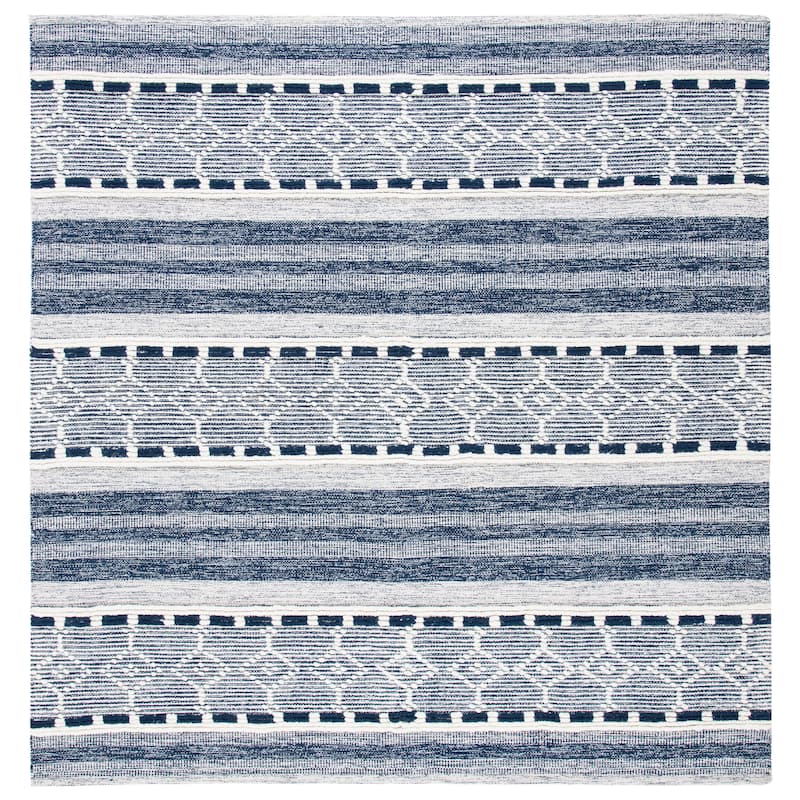 SAFAVIEH Handmade Striped Kilim Ashlee Modern Cotton Rug - 7' Square - Navy/Ivory