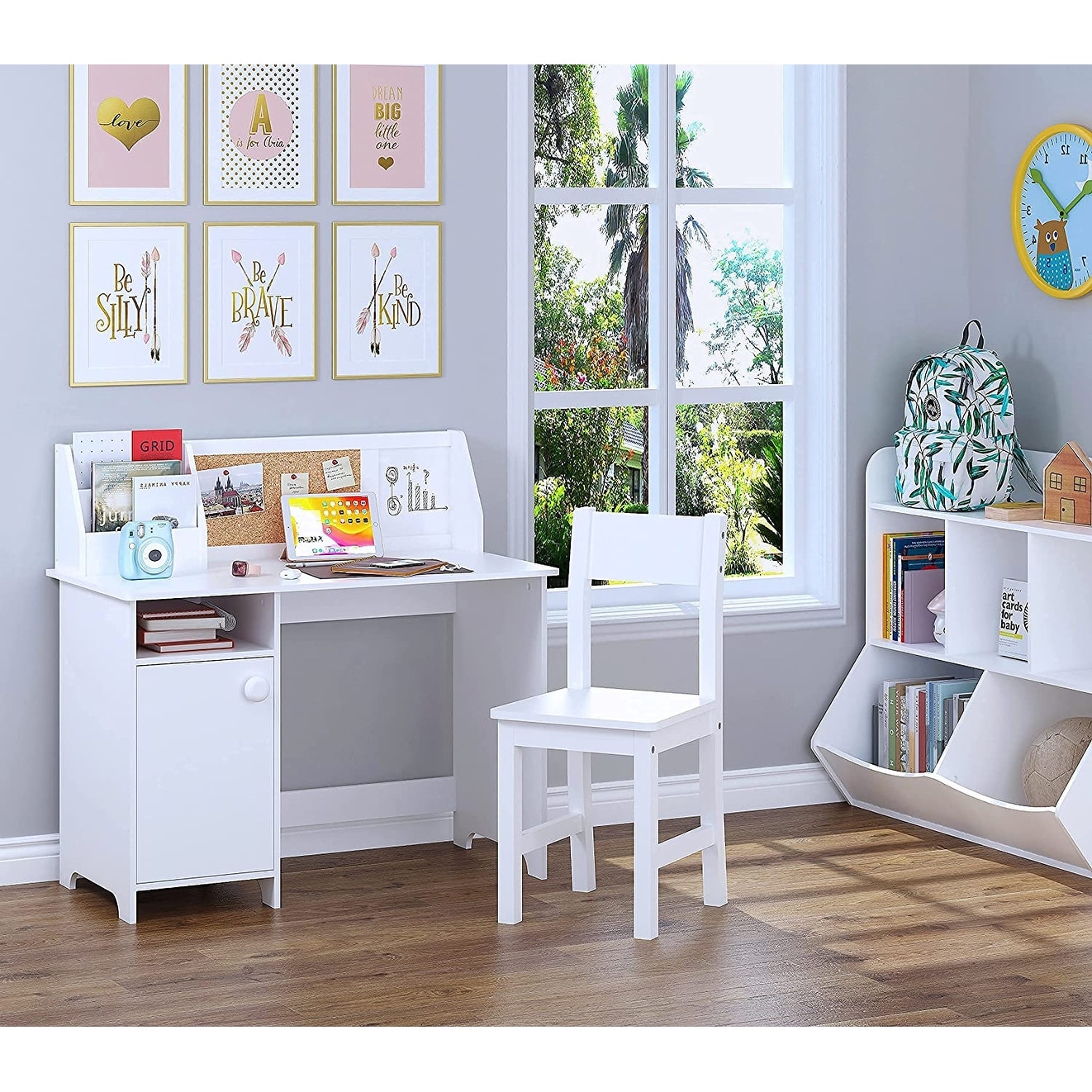 UTEX Kids Study Desk with Chair Wooden Children School Study Table Study Computer Workstation Writing Table White