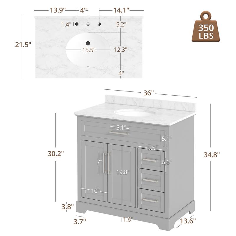 36/48/60 in. Bathroom Vanity in Wood with Ceramic Undermount Sink, Vanity with soft close Drawers