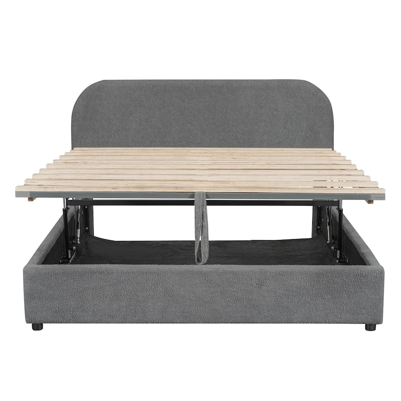 Full/Queen Size Upholstered Platform Bed with Hydraulic Lift Storage, Teddy Fleece Upholstery, and Sturdy MDF Frame