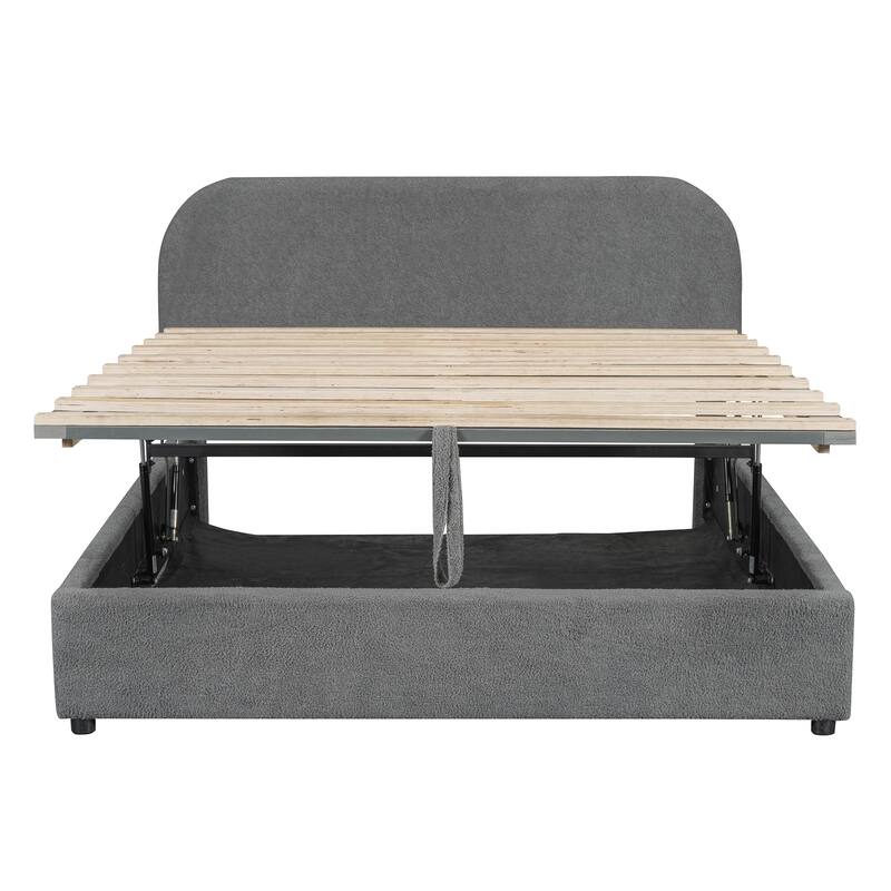 Queen Upholstered Platform Bed with Hydraulic Storage, Teddy Fleece Fabric, Sturdy MDF Frame, and Curved Headboard
