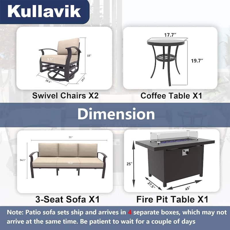 Kullavik Aluminum Outdoor Patio Furniture with Curved Armrests & Firepit Table