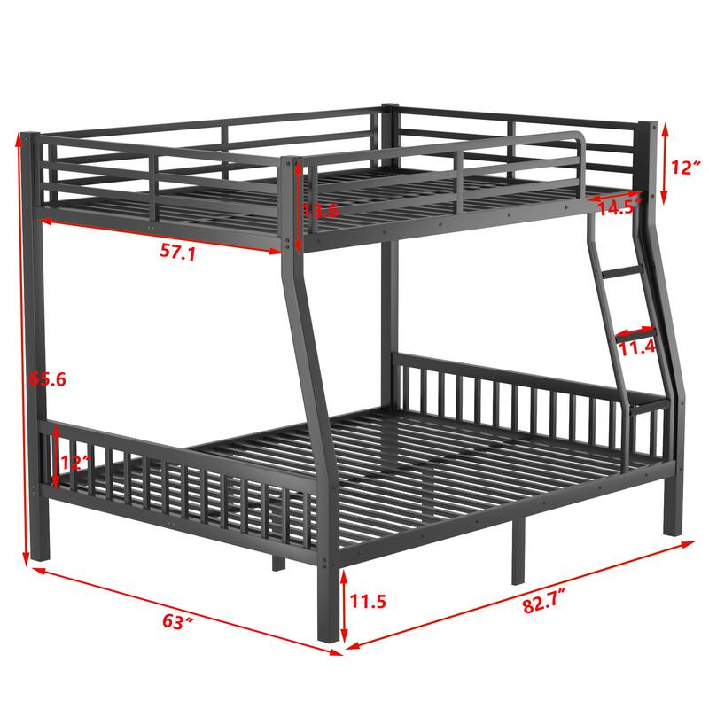 Full XL Over Queen Bunk Bed with Safety Guardrails Heavy-Duty 600lb Capacity Metal Frame with Ladder & Slat Support