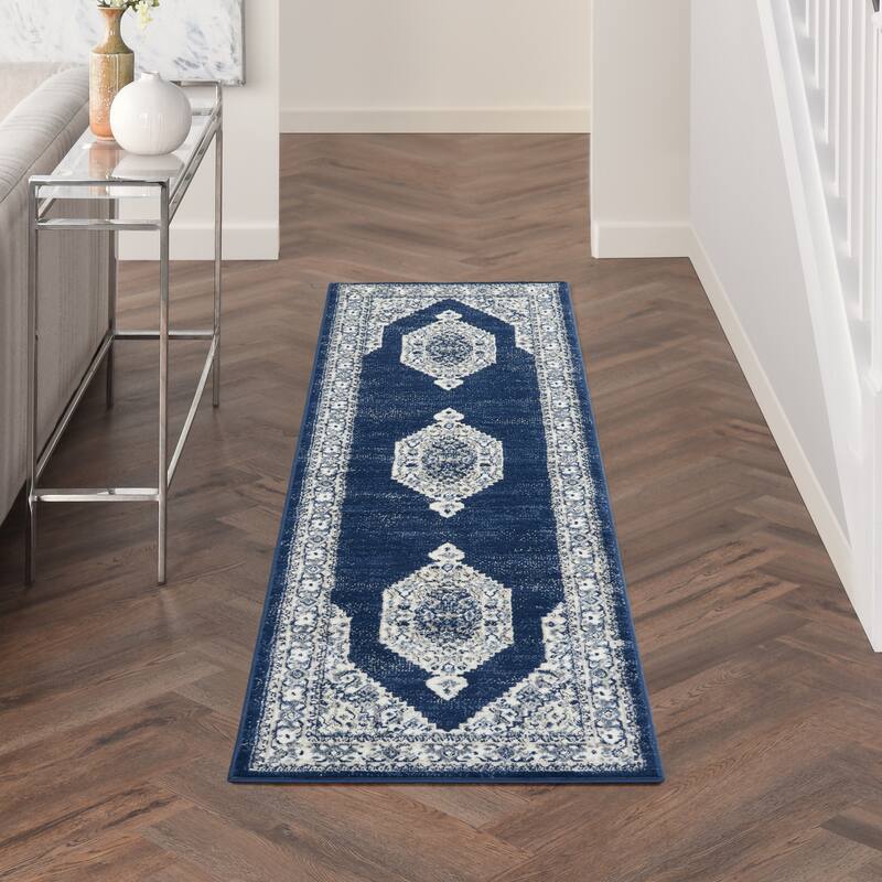 Nourison Cyrus Persian Floral Medallion Area Rug - 2'2" x 7'6" Runner - Ivory/Navy