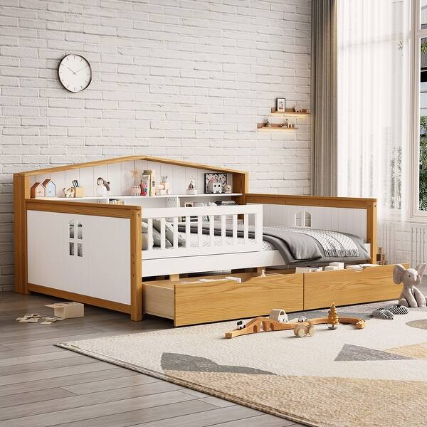 slide 2 of 9, Full Size House Bed with Drawers & Bookcase Headboard Full - White+Walnut