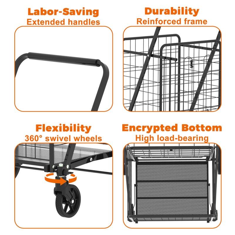 Double Basket Folding Grocery Cart ,Heavy Duty 360° Wheels