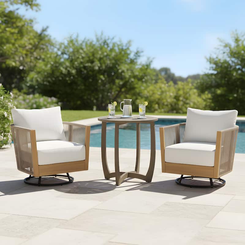 Christopher Knight Home - Alder Acacia Wood Outdoor Handwoven Cushioned Swivel Chairs Set with 27.5" Round Slat-Top Bistro Table - 3-Piece Set - Beige+Natural Brown