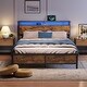 preview thumbnail 1 of 5, Queen Size Metal Industrial Bed Frame with LED & USB Ports Queen - Rustic Brown