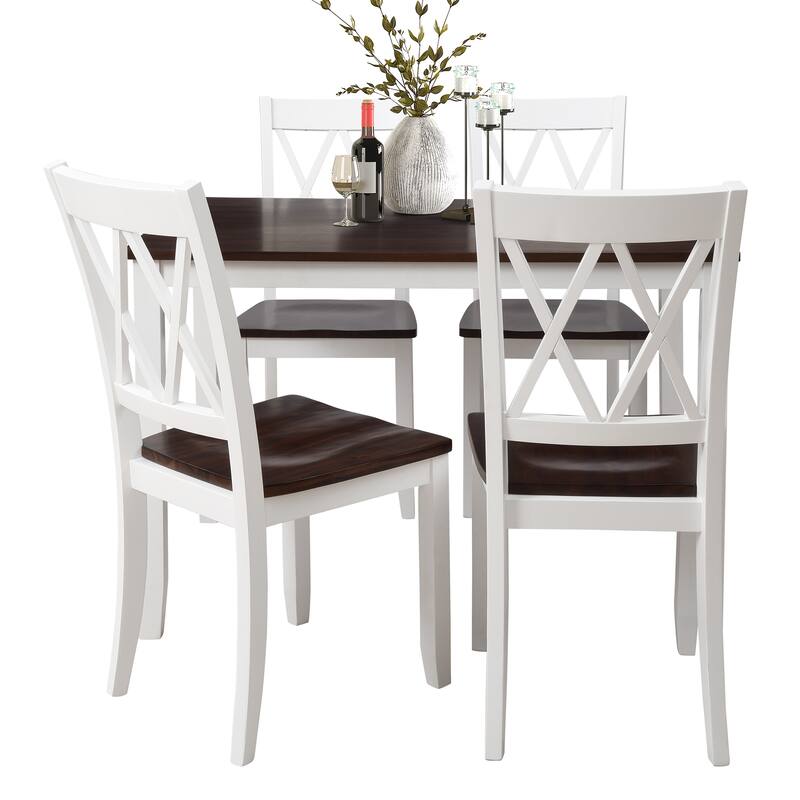 Roomfitters 5-Piece Dining Table Set, Rectangular Wood Kitchen Table and 4 X-back Chairs, Transitional Style