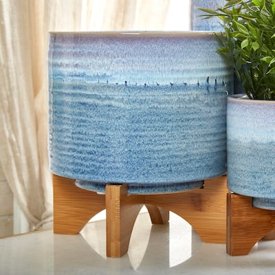 8" Cerramic Planter On Wood Stand,Blue Fade
