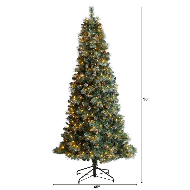 8ft. Frosted Tip Pine Artificial Christmas Tree with 500 Clear Lights, Pine Cones & 1112 Branches - Snow-Kissed X-Mas Tree