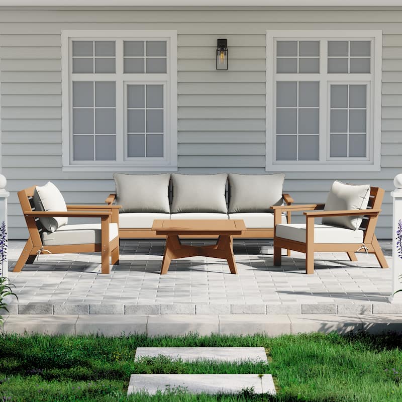 Birchwood All Weather HDPE Outdoor Patio Teak Deep Seating Conversation Set (6-Piece Set)