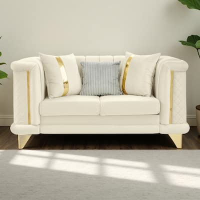 69" Velvet Luxury Loveseat,Mid-Century Modern Sofa with Gold Stainless Steel Trims, Tufted Back and 3 Premium Pillows