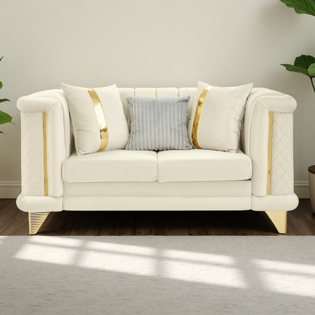 69" Velvet Luxury Loveseat,Mid-Century Modern Sofa with Gold Stainless Steel Trims, Tufted Back and 3 Premium Pillows