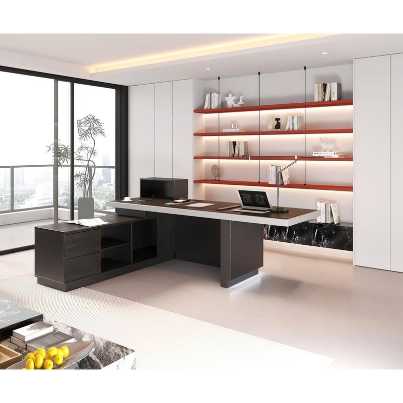 Black L Shaped Office Industrial Executive Desk with Cable Box Socket and LED Light