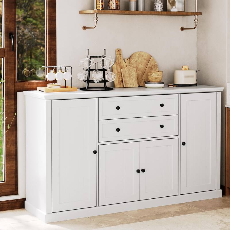 58" Farmhouse Buffet Cabinet, Sideboard Buffet Storage Cabinet with 2 Large Drawers and 4 Grooved Barn Doors - white