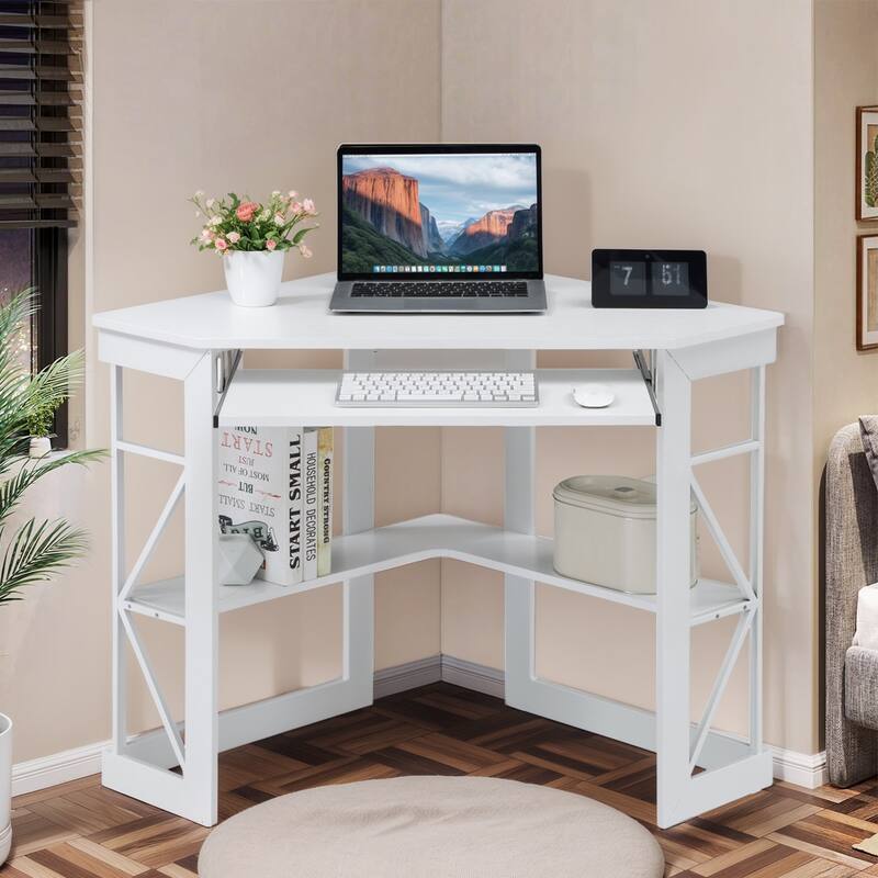 Javlergo Corner Desk with Keyboard Tray, Study Writing Computer Table for College Dorm Home Office - White