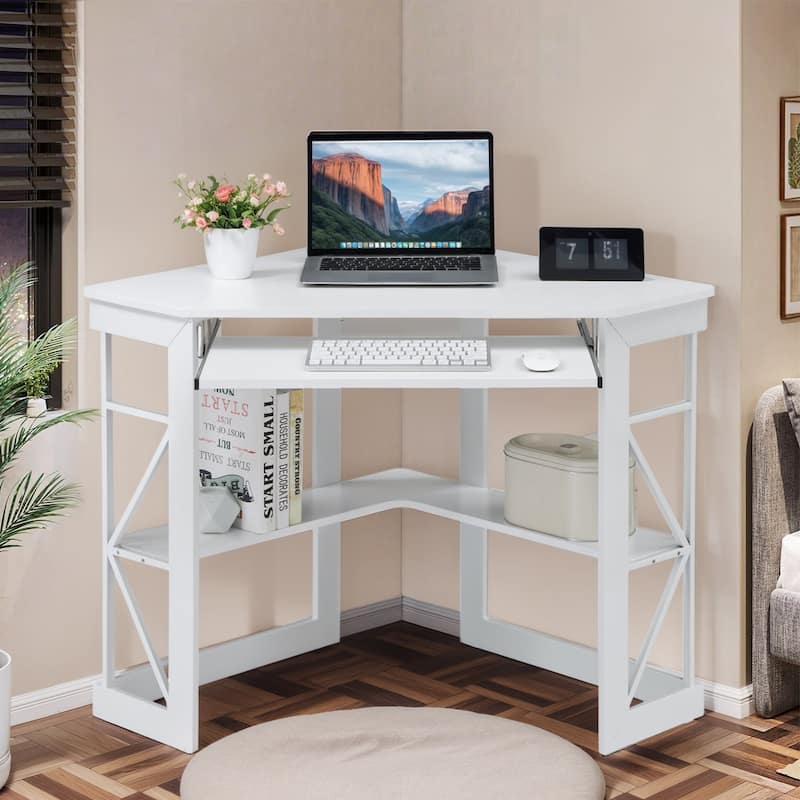 VECELO Triangular Corner Desk with Keyboard Tray Space Saving Metal Computer Desk for Home Office Study Bedroom - White