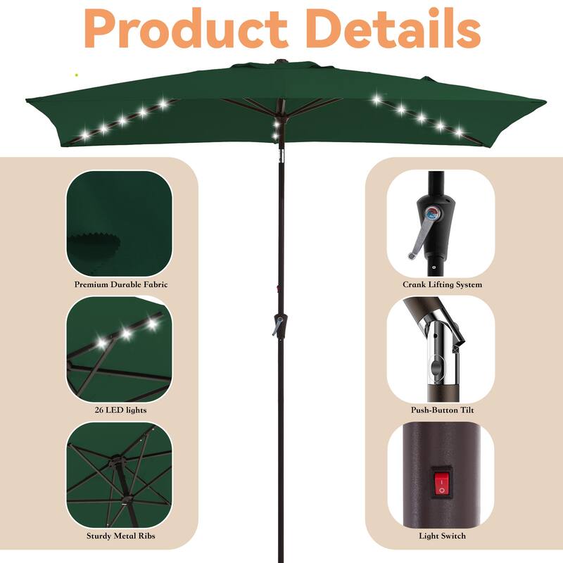 6.5*10ft Rectangular Patio Market Umbrella with LED Lights,Crank & Tilt