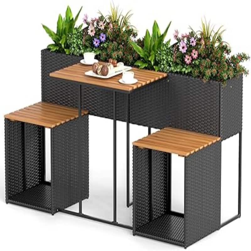 Patio Furniture Set w/ Raised Garden Bed Built-in Chairs＆Storage Space - Black