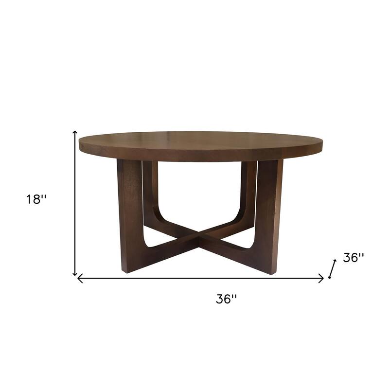 HomeRoots 36" Brown Solid Wood Round Cross Legs Coffee Table - 36.00 in. x 18.00 in. x 36.00 in.