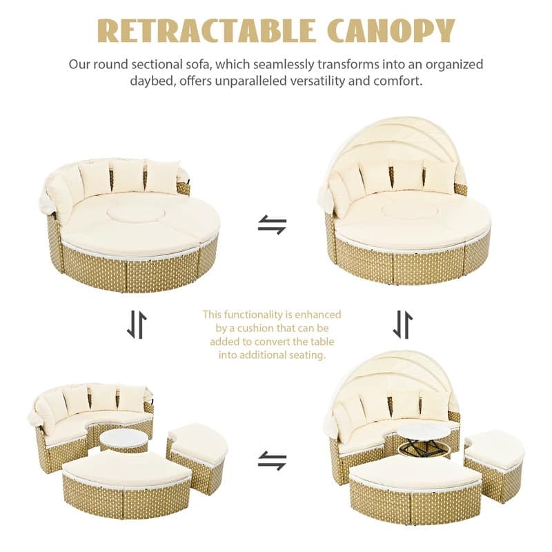 Round Patio Sectional Sofa Set – Two-Tone Rattan Daybed with Retractable Canopy & Modular Seating‌