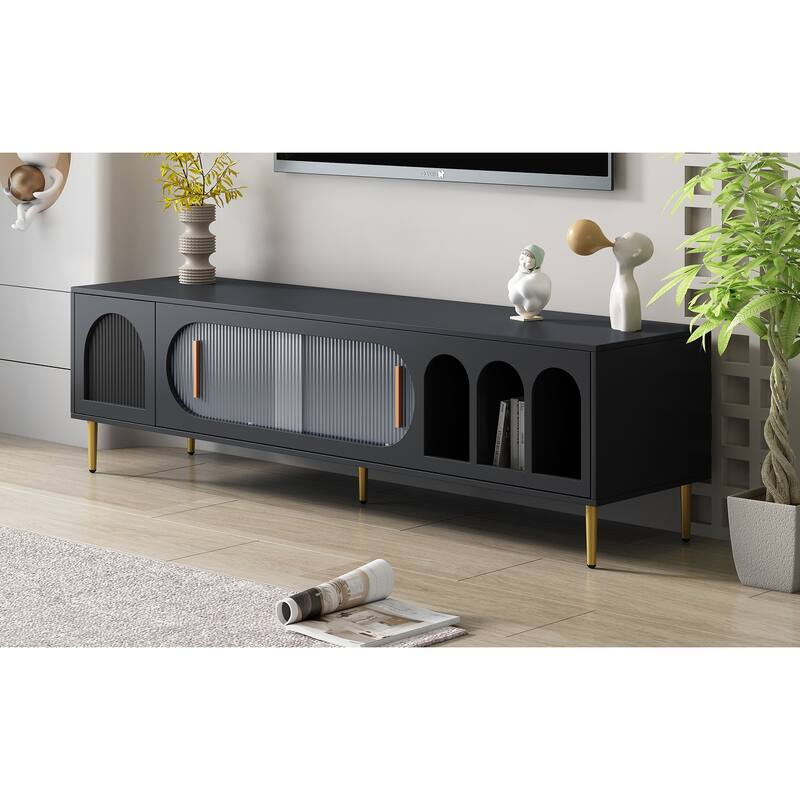 Modern TV Stand for 70+ Inch TV, Entertainment Center TV Media Console Table, with 3 Shelves and 2 Cabinets, sliding door