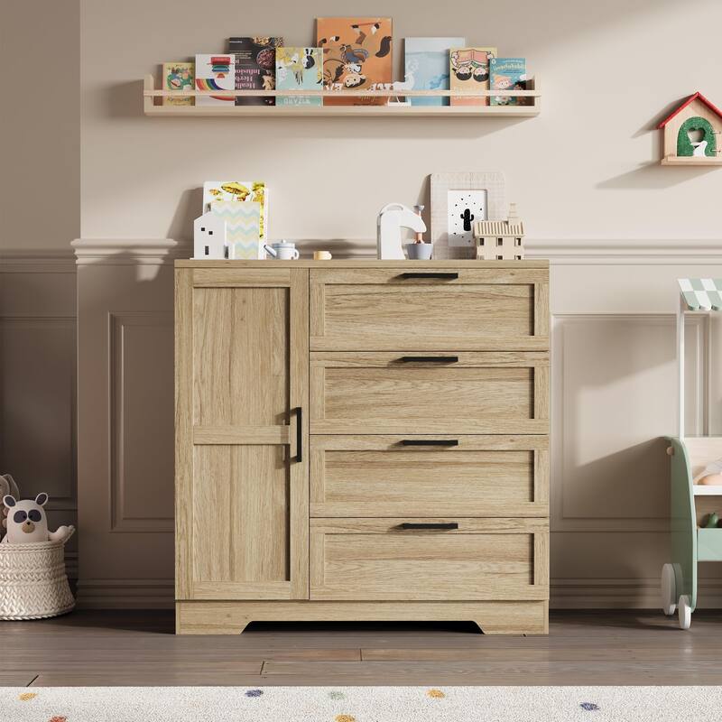 43.3'' Small Wardrobe Closet, Wardrobe Cabinet with Door, 4 Drawers and Handing Rod, Wooden Clothes Cabinet