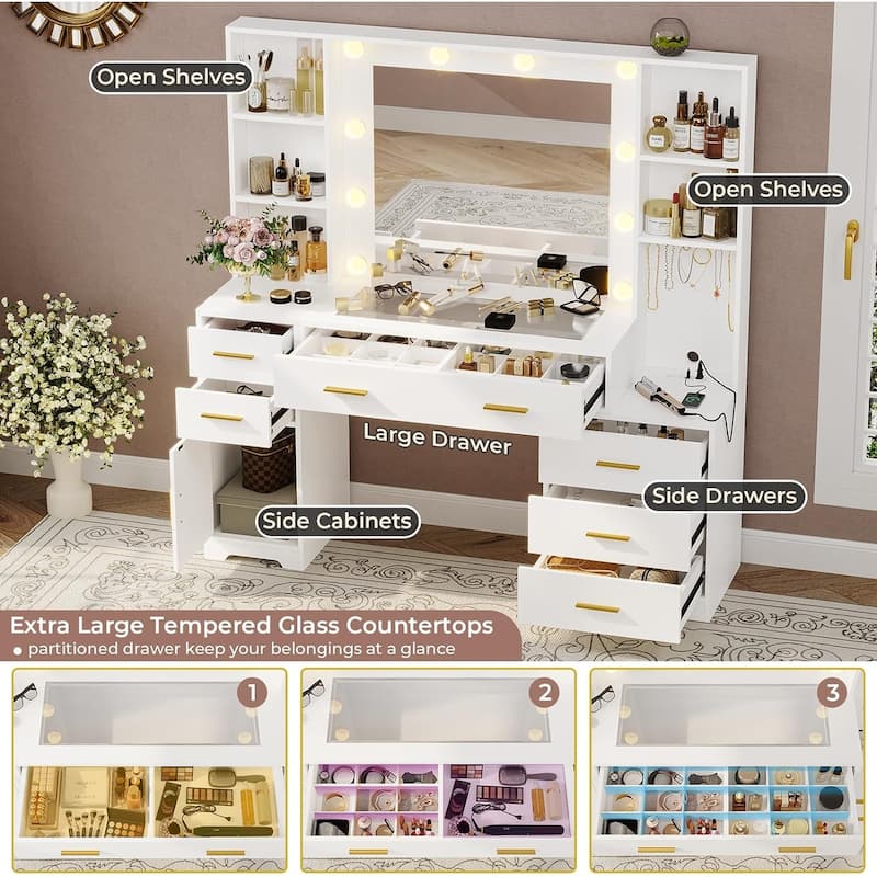 Vanity Desk Mirror Power Outlet 4 Shelves 6 Drawers Glass Tabletop