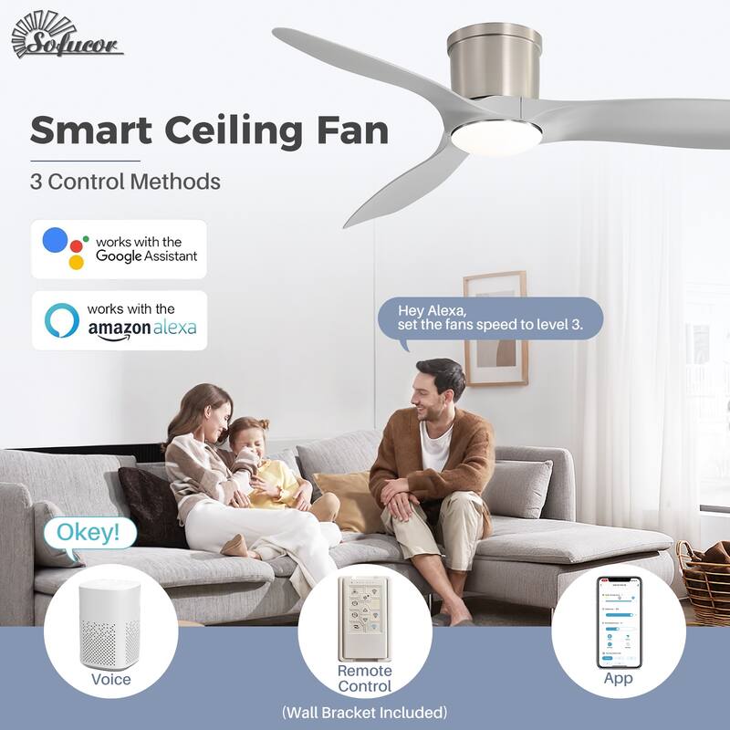 Sofucor 52 Inch Low Profile Flush Mount Ceiling Fan With Light and Remote,3-ABS Blades Smart Optional,Reversible DC Motor