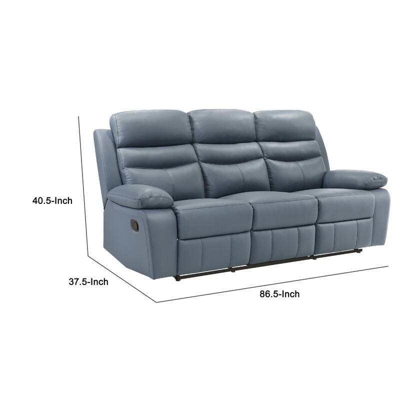 Hanna Manual Double Reclining Sofa, Blue Top Grain Leather, 87 Inch