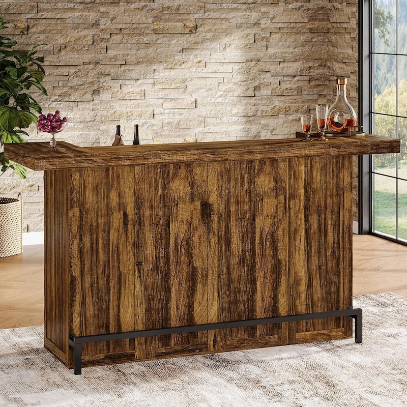 4-Tier Wooden Bar Table, 70.9" Large Home Bar Unit with Storage Shelves for Home, Patio, Basement - Brown