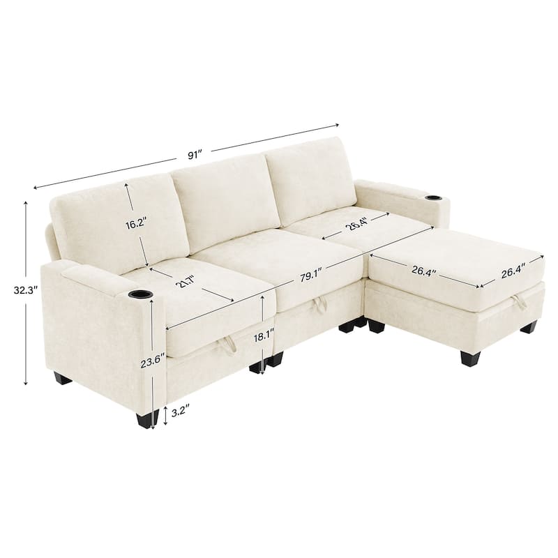 Chenille Storage Sofa, 3 Seats with a Removable Ottoman