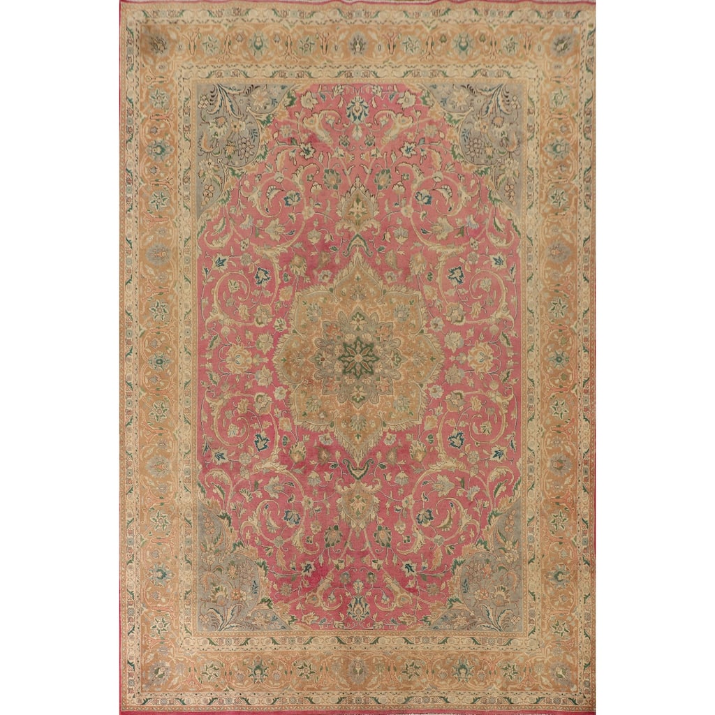 Pink Tabriz Persian Vintage Rug Handmade Wool Carpet - 8'0"x 11'2"