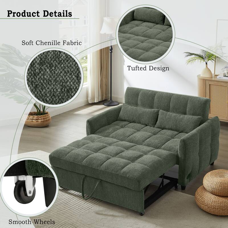 52.8" Loveseat Sofa Pull-out Sofa Bed Tufted Sleeper Sofa with an Adjustable Backrest, Three USB Ports and Two Lumbar Pillows