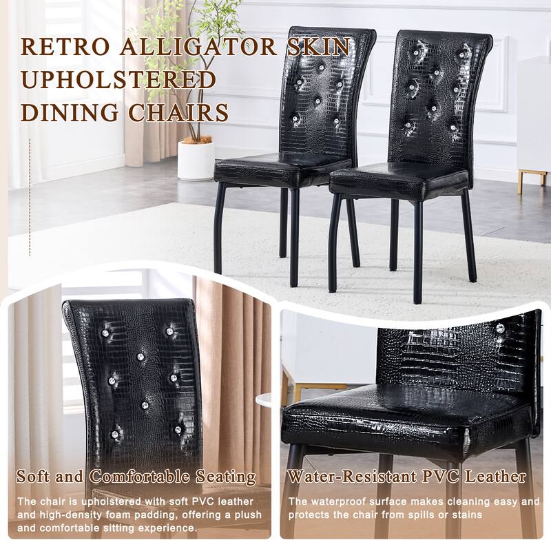 A set of 4 white and black vintage crocodile leather cushioned dining chairs, featuring crystal clasp design and leather