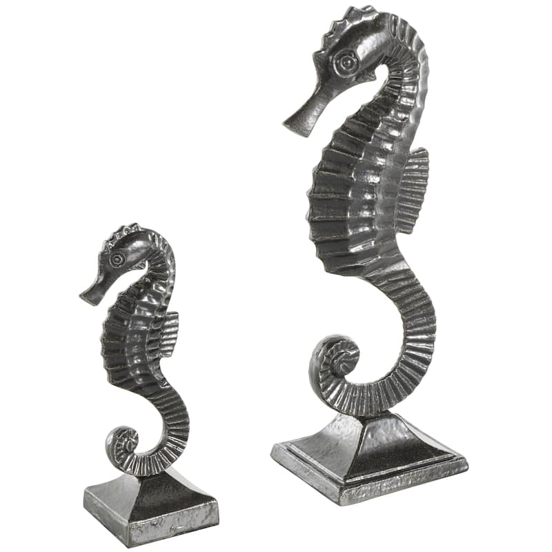 Aluminum Metal Sea Horse Decorative Sculpture with Square Bases - Set of 2 Black - Roche River Decor