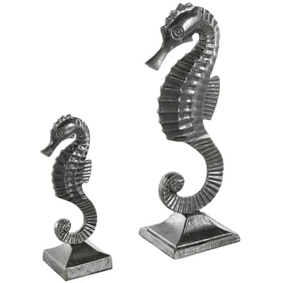 Aluminum Metal Sea Horse Decorative Sculpture with Square Bases - Set of 2 Black - Roche River Decor