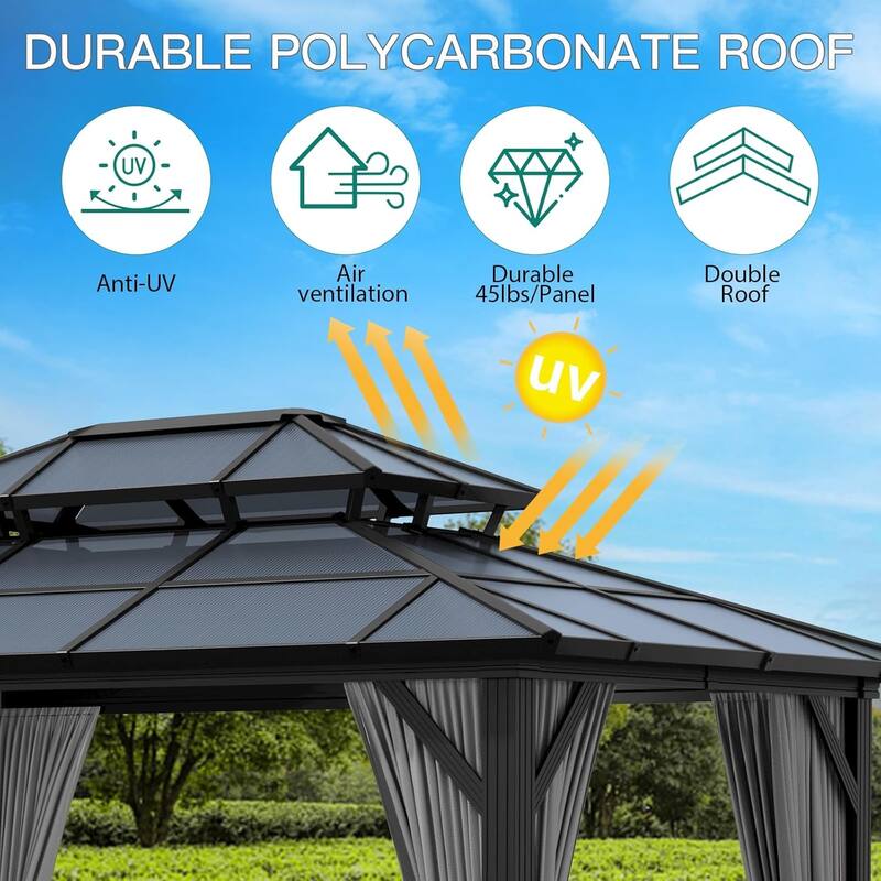 Hardtop Outdoor Double Roof Gazebo, Aluminum Frame Permanent Pavilion with Curtains and Nettin