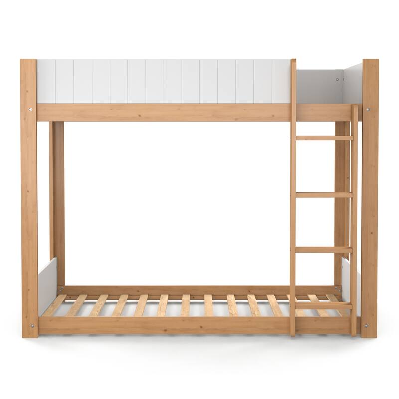 Furniture of America Oryas White and Natural Solid Wood Twin over Twin Low Profile Bunk Bed